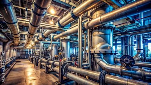 Complex network of large metallic pipes and machinery within a dimly lit underground industrial water treatment facility backdrop.