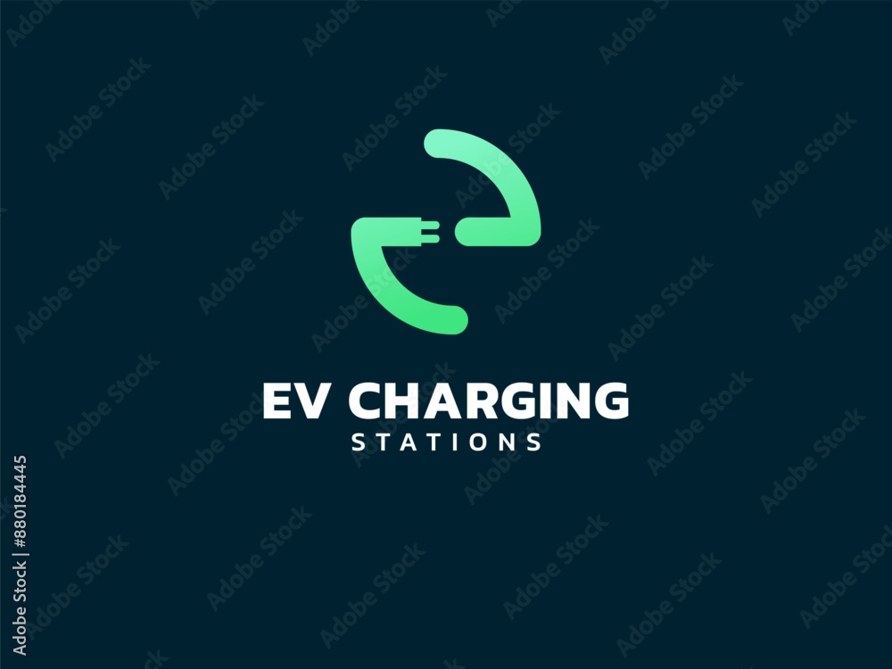 Fototapeta premium Electric vehicle charging letter e with EV Plug Connector Symbol logo vector design concept. Letter E logotype symbol for Electric Car, EV station, ui, web, ev business, infographic, new technology.
