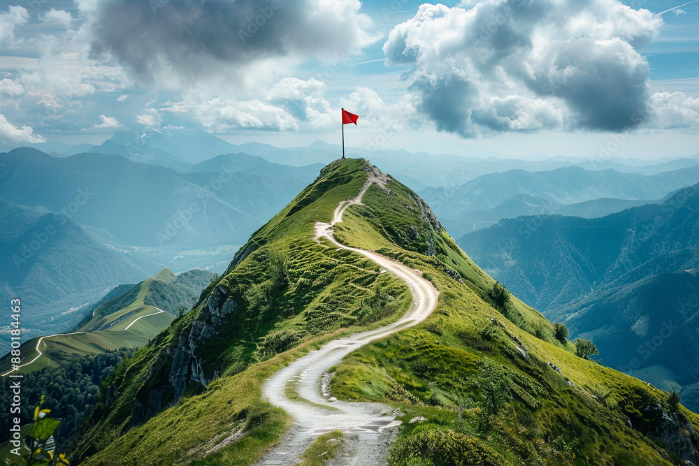 A winding road ascending a steep, isolated mountain peak topped with a flag, symbolizing the challenging journey to success