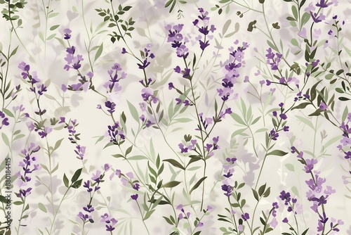 Lilac and Sage Floral Tranquility, Delicate Lavender Aesthetic, Seamless Pattern with Flowers and Leaves. Hand Drawn Background. Floral Pattern for Tile, Wallpaper, wrapping paper design, textile