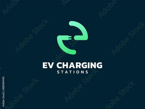 Electric vehicle charging letter e with EV Plug Connector Symbol logo vector design concept. Letter E logotype symbol for Electric Car, EV station, ui, web, ev business, infographic, new technology.