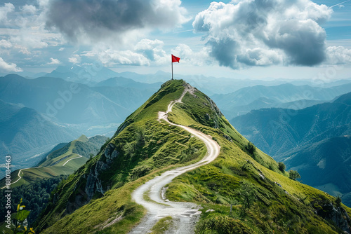 Obraz na płótnie A winding road ascending a steep, isolated mountain peak topped with a flag, symbolizing the challenging journey to success w salonie