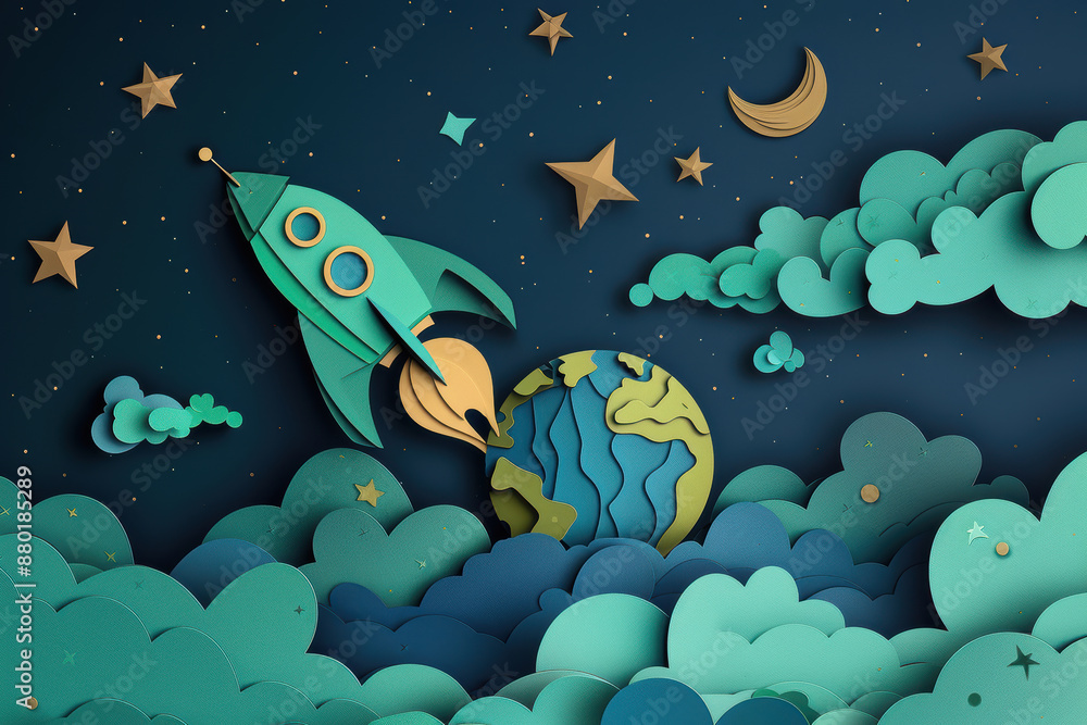 Obraz premium Paper Cut Style Rocket and Moon