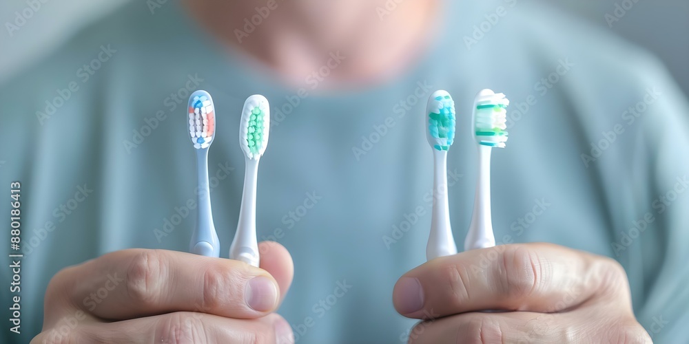 Obraz premium Man compares manual and electric toothbrush benefits for dental care. Concept Dental Care, Manual Toothbrush, Electric Toothbrush, Benefits, Comparison