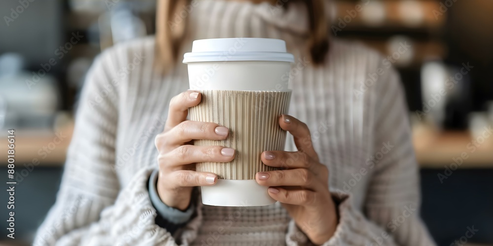 Woman with reusable coffee cup sleeve in ecofriendly coffee shop. Concept Eco-friendly Coffee Shops, Reusable Coffee Cups, Sustainable Lifestyle, Female Empowerment, Environmentally Conscious Choices Woman with reusable coffee cup sleeve in ecofriendly coffee shop. Concept Eco-friendly Coffee Shops, Reusable Coffee Cups, Sustainable Lifestyle, Female Empowerment, Environmentally Conscious Choices