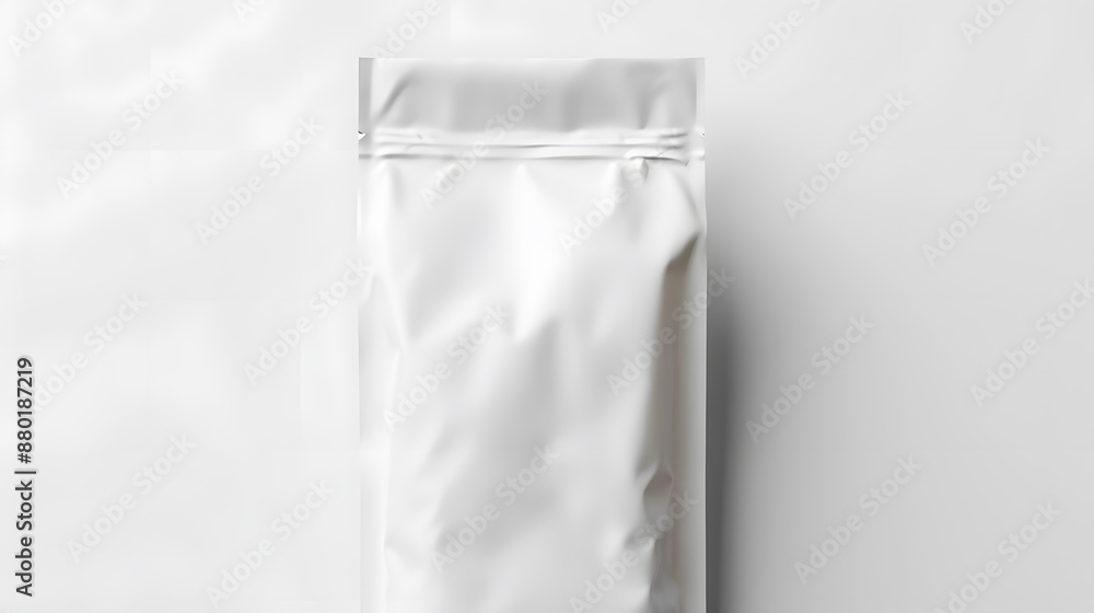 Close-up of blank white coffee bag on minimalist white surface, professional design mockup Close-up of blank white coffee bag on minimalist white surface, professional design mockup