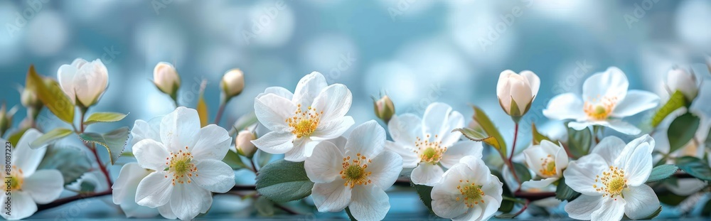 Delicate White Blossoms Against a Soft Blue Background Delicate White Blossoms Against a Soft Blue Background