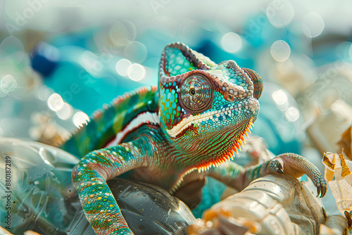 Plastic pollution concept with a chameleon blending in with old plastic bottles, highlighting habitat loss and man-made disasters