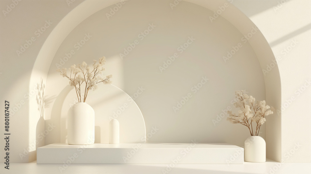 White Vases with Flowers and Empty Podium on White Wall White Vases with Flowers and Empty Podium on White Wall