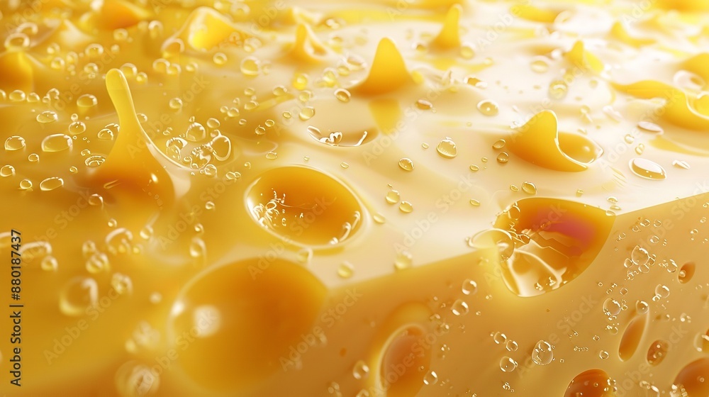 The macro photography shows the intricacies and patterns of Emmental cheese, highlighted by water beads The macro photography shows the intricacies and patterns of Emmental cheese, highlighted by water beads