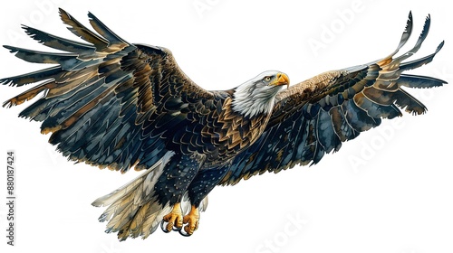 Soaring bald eagle. Color, realistic, art portrait of a soaring bald eagle on a white background in a watercolor style.