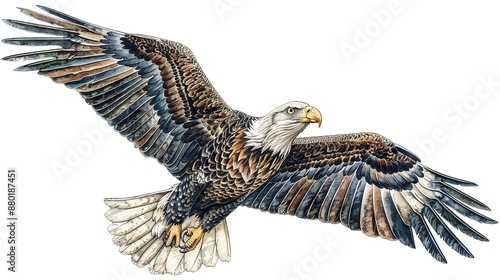 Soaring bald eagle. Color, realistic, art portrait of a soaring bald eagle on a white background in a watercolor style.