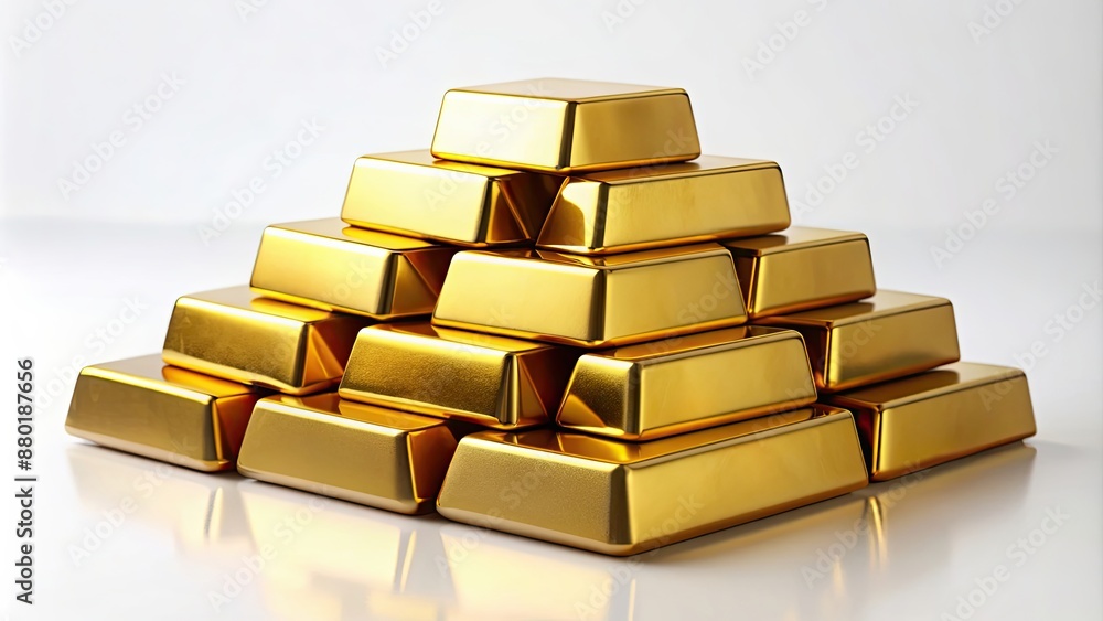 Stack of gold bars on white background, gold, bars, stack, precious metal, wealth, investment, valuable, finance, bullion, savings Stack of gold bars on white background, gold, bars, stack, precious metal, wealth, investment, valuable, finance, bullion, savings