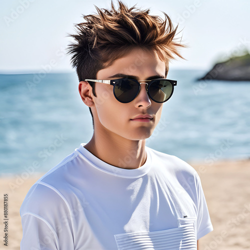 A handsome young man wearing a white t-shirt and sunglasses on the beach