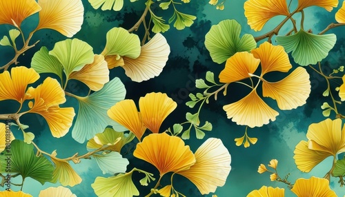 Ginkgo Leaves on Blue Background.