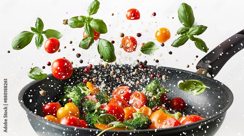 Fresh vegetables flying into a pan, isolated on white background Fresh vegetables flying into a pan, isolated on white background