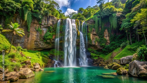Majestic Waterfall Las Delicias cascades down lush green rocky cliffs surrounded by tropical vegetation in serene Ciales Puerto Rico landscape.
