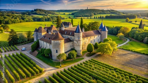 Majestic medieval fortress Chateau de Budos amidst rolling vineyards and lush greenery in Sauternes wine region of Aquitaine France. photo