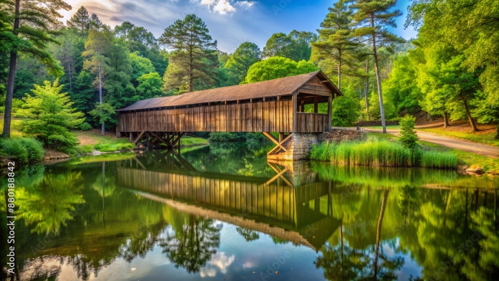 Serene rustic wooden covered bridge surrounded by lush greenery and calm waters in rural Conyers, Georgia scenic countryside landscape. Serene rustic wooden covered bridge surrounded by lush greenery and calm waters in rural Conyers, Georgia scenic countryside landscape.