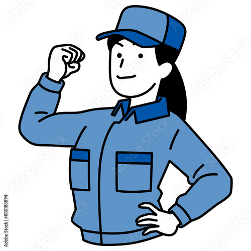 力こぶを作ってみせるつなぎ作業服の女性