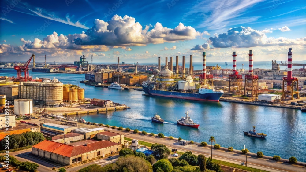 Fototapeta premium Panoramic view of Taranto's industrial zone featuring cargo ships docked alongside sprawling petrochemical plants and cranes under blue sky.