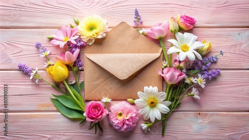 Pastel pink background adorned with vibrant spring flowers softly surrounds blank paper card and distressed brown envelope in serene still life.