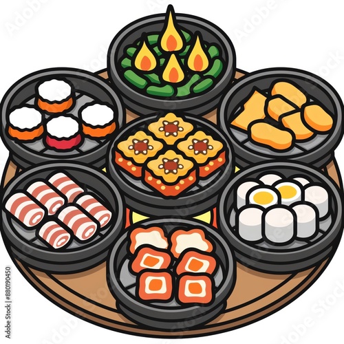 Vector illustration of various traditional Korean dishes arranged on a wooden platter, showcasing diverse and colorful food items. photo