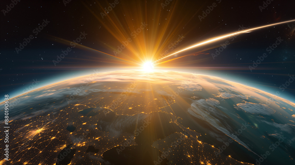 Obraz premium sunrise over the earth, the earth's silhouette is lighting up by the sun
