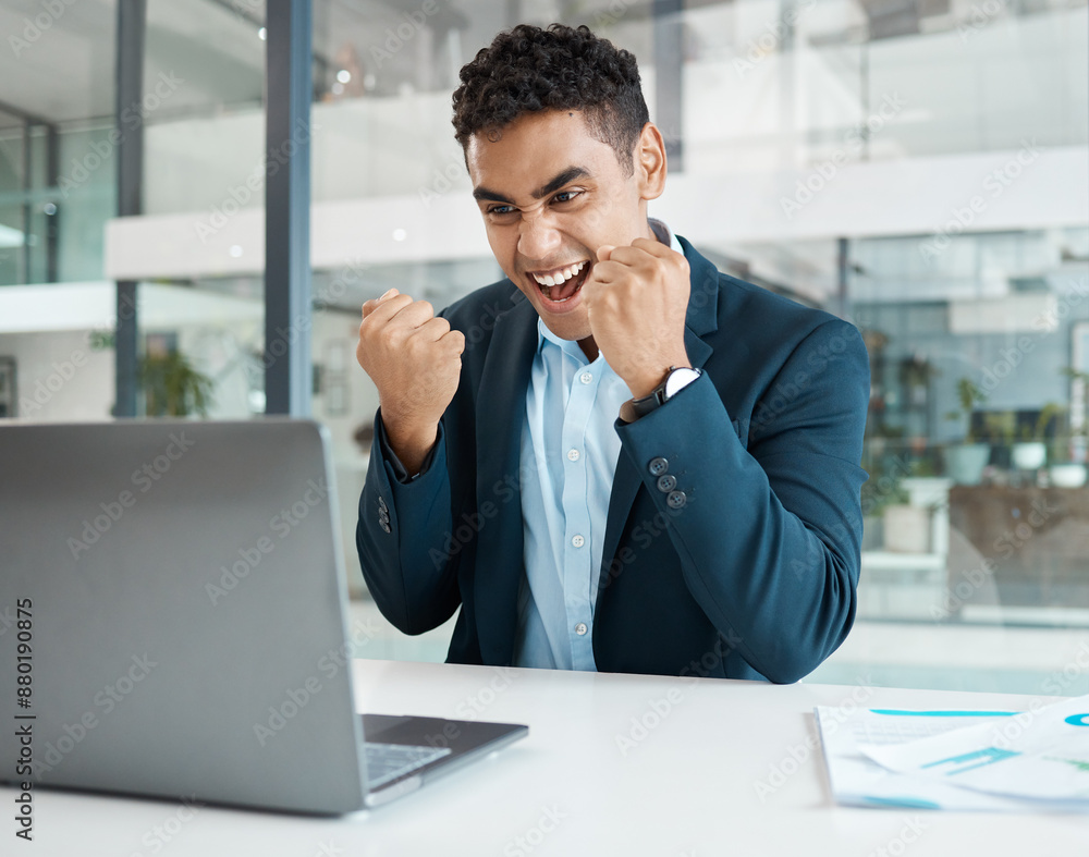 Celebration, laptop and salesman for success, business and stock market in office. Financial advisor, hands and trading or achievement at desk for career, research or online for technology in agency Celebration, laptop and salesman for success, business and stock market in office. Financial advisor, hands and trading or achievement at desk for career, research or online for technology in agency