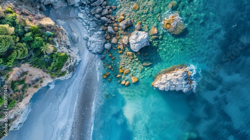 An aerial view captures the scenic beauty of Arcomagno beach, a small rocky beach nestled along the coast of Calabria, Italy. photo