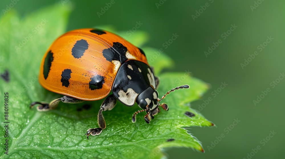 An Asian Lady Beetle (scientific name: Harmonia axyridis) resting on a vibrant green leaf, showcasing its distinctive coloration and markings against the natural backdrop. An Asian Lady Beetle (scientific name: Harmonia axyridis) resting on a vibrant green leaf, showcasing its distinctive coloration and markings against the natural backdrop.
