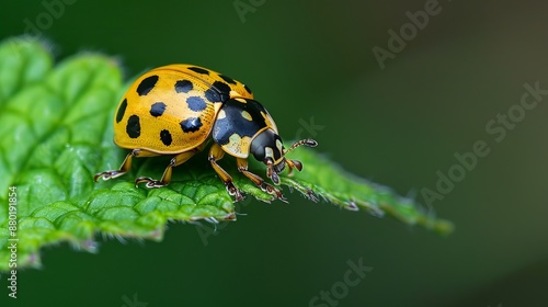 An Asian Lady Beetle (scientific name: Harmonia axyridis) resting on a vibrant green leaf, showcasing its distinctive coloration and markings against the natural backdrop.