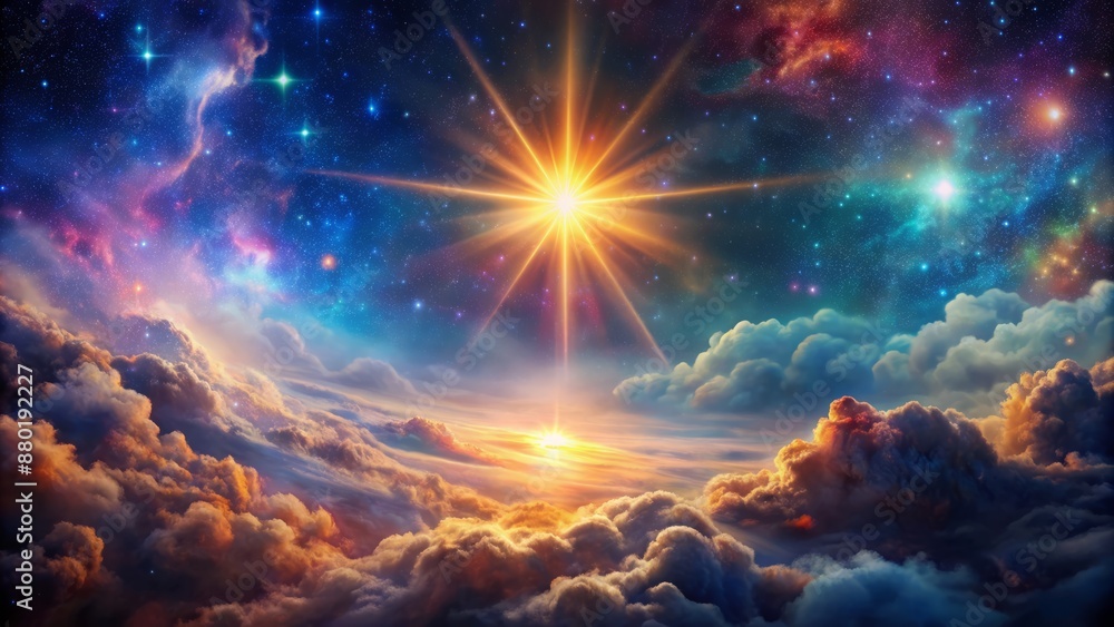 Naklejka premium Vibrant cosmic backdrop with wispy smoke clouds illuminated by a solitary shimmering star, radiating an otherworldly sense of mystery and wonder.