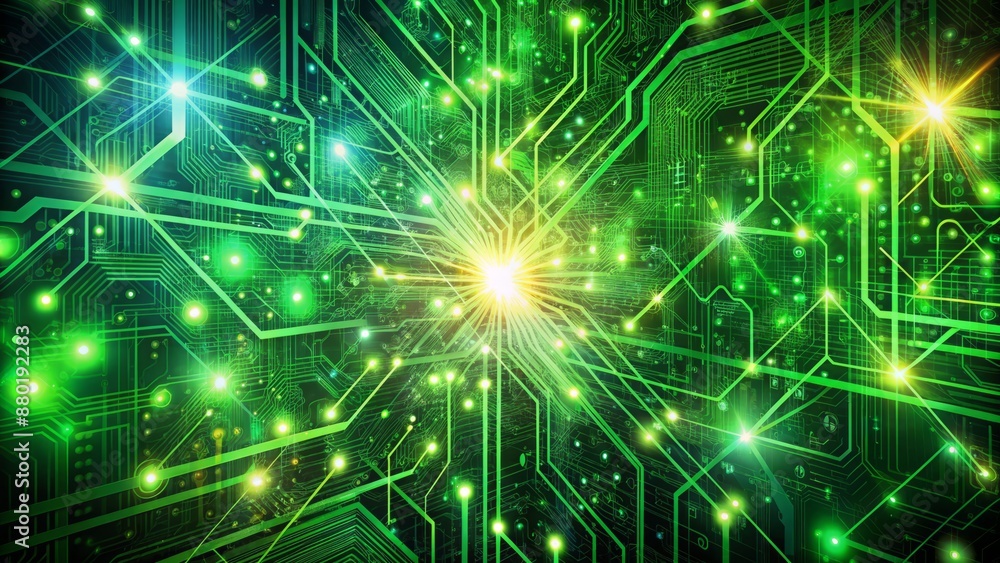 Naklejka premium Vibrant green futuristic digital background with intricate neural network patterns, circuits, and abstract shapes, conveying innovation and technology advancement.