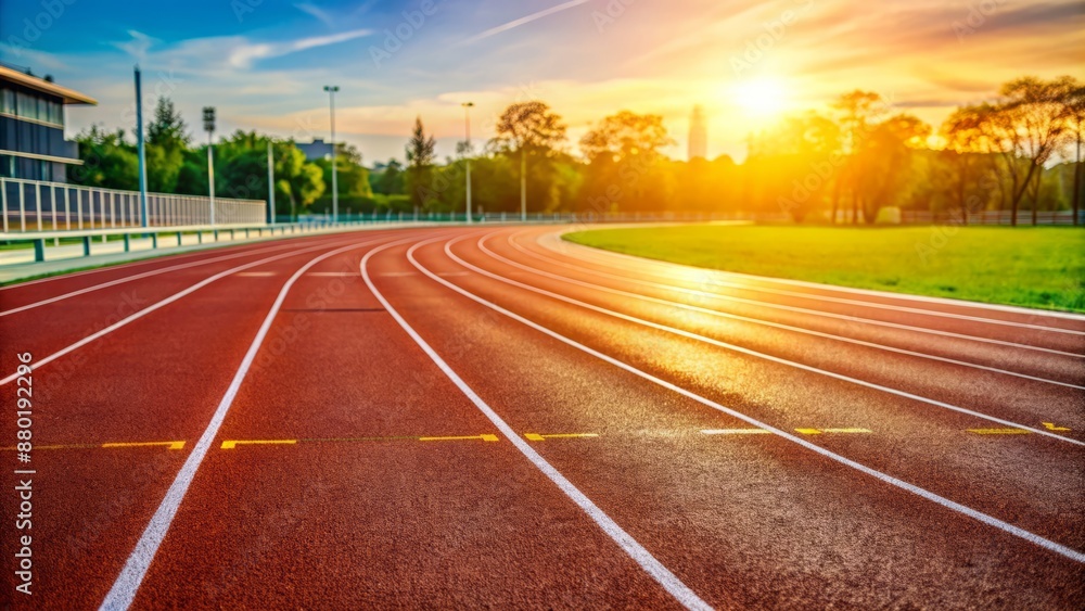 Empty stadium road track with blurred background and shallow focus on lane markings, conveying dynamic motion and athletic performance ambiance. Empty stadium road track with blurred background and shallow focus on lane markings, conveying dynamic motion and athletic performance ambiance.