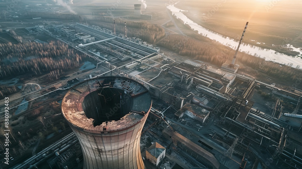 An aerial view of the Chernobyl nuclear power plant, featuring the ...