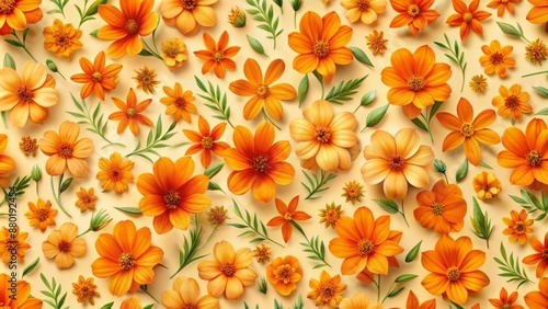 Vibrant orange blossoms scattered across a soft, creamy background, forming a beautiful floral pattern, evoking warmth and joy. photo