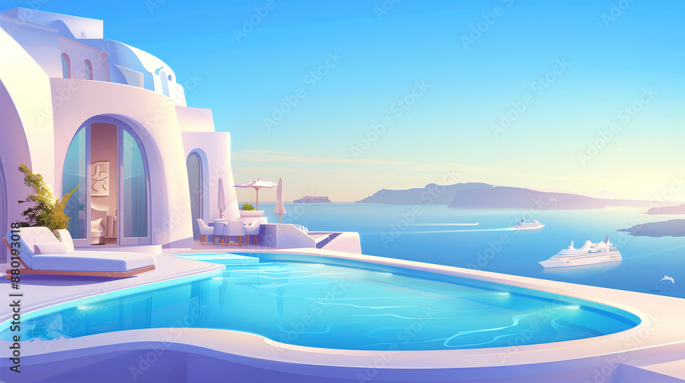 a fancy hotel with swimming pools on santorini coast, 3d illustration a fancy hotel with swimming pools on santorini coast, 3d illustration