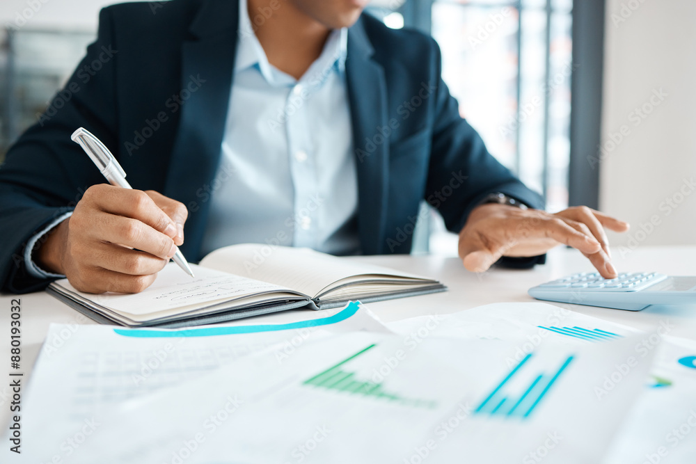 Businessman, notebook and calculator with working, planning and at deadline for finance agency. Male person, busy and data analysis in office for project, accounting and metrics as financial analyst Businessman, notebook and calculator with working, planning and at deadline for finance agency. Male person, busy and data analysis in office for project, accounting and metrics as financial analyst