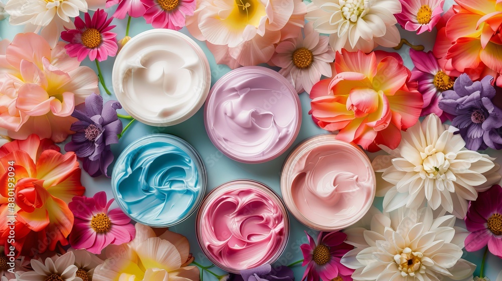 Facial creams of various hues set against a backdrop of flowers, showcasing a palette of skincare options in a natural setting. Facial creams of various hues set against a backdrop of flowers, showcasing a palette of skincare options in a natural setting.