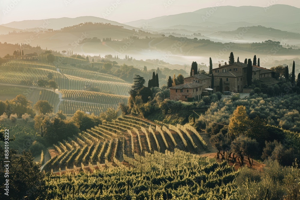 Naklejka premium A sun-drenched vineyard in Tuscany, with rolling hills, rows of grapevines, and a rustic farmhouse in the distance