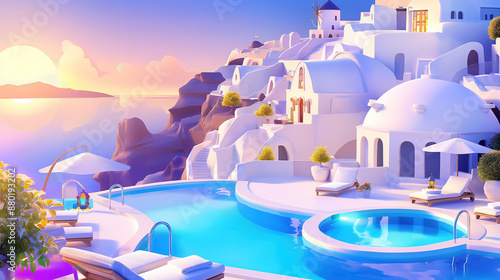 a fancy hotel with swimming pools on santorini coast, 3d illustration