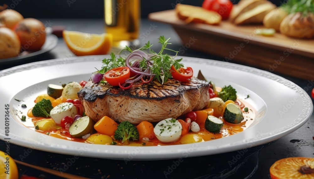 Grilled Steak with Vegetables and Sauce. Grilled Steak with Vegetables and Sauce.