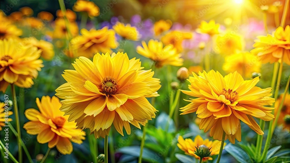 Fototapeta premium Vibrant yellow flowers blooming in a beautiful garden , nature, floral, bright, petals, sunlight, spring, summer, colorful