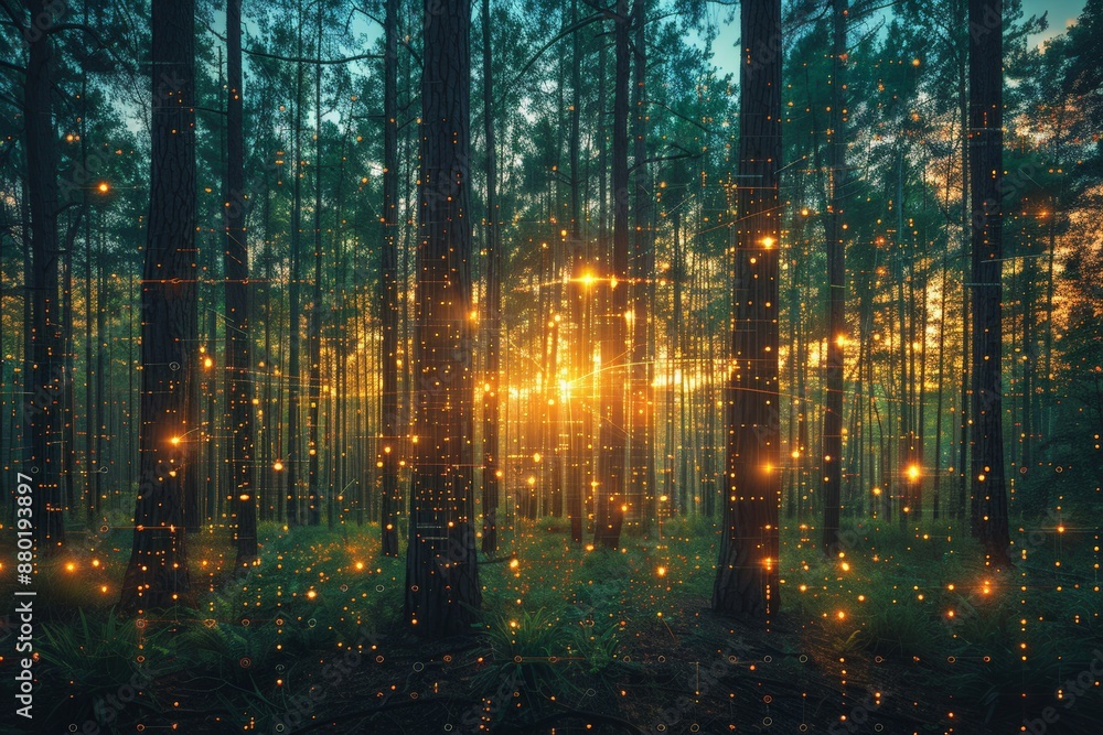 Sunrise in a forest with golden digital lights connected trees ...