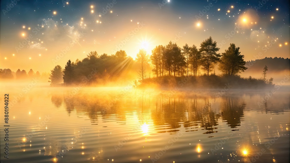 Serene misty morning with glowing particles in the background, mist, morning, misty, serene, calm, peaceful, atmosphere, foggy Serene misty morning with glowing particles in the background, mist, morning, misty, serene, calm, peaceful, atmosphere, foggy