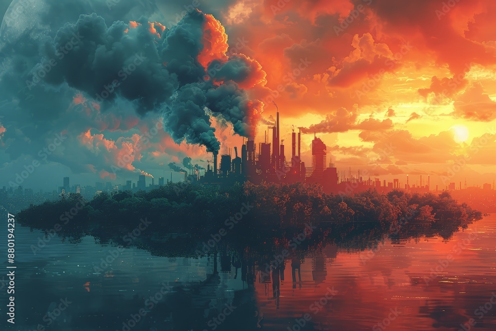 Stunning sunset over industrial city with dense smoke clouds, contrasted with lush green landscape, environmental impact of pollution and the potential for balanced, sustainable future. Stunning sunset over industrial city with dense smoke clouds, contrasted with lush green landscape, environmental impact of pollution and the potential for balanced, sustainable future.