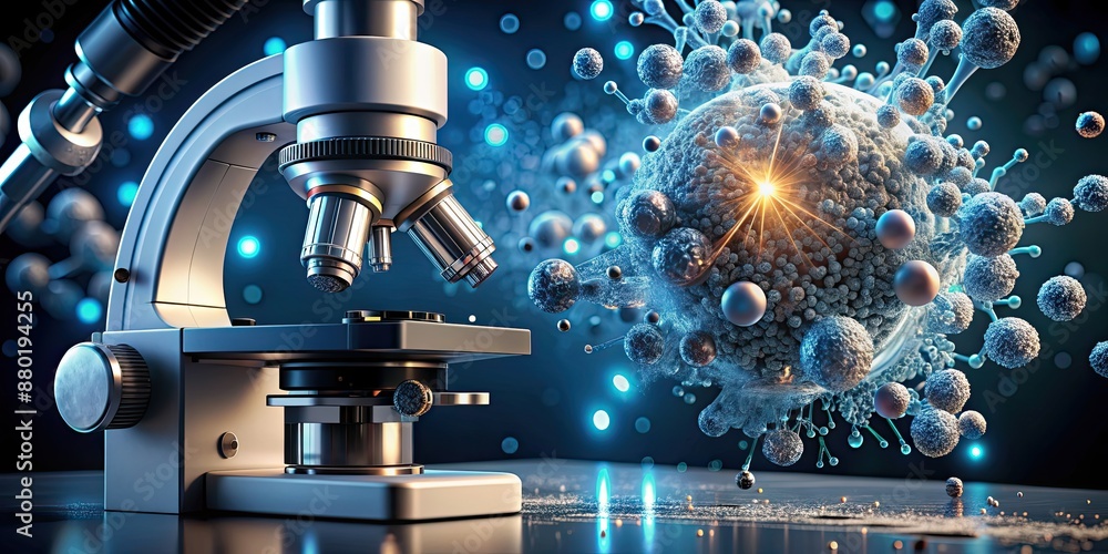 Scanning electron microscope with particles of matter and energy in the background, technology, science, research Scanning electron microscope with particles of matter and energy in the background, technology, science, research