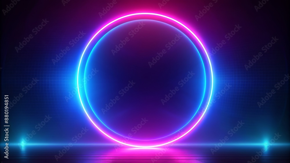 Vibrant blue and pink neon circular frame with ultraviolet glow on a dark abstract background evoking 80s retro nostalgia. Vibrant blue and pink neon circular frame with ultraviolet glow on a dark abstract background evoking 80s retro nostalgia.