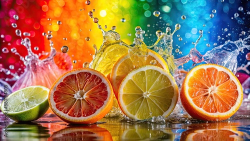 Fototapeta Naklejka Na Ścianę i Meble -  Vibrant citrus fruits splashing in water droplets on colorful background, citrus, fruits, vibrant, splashing